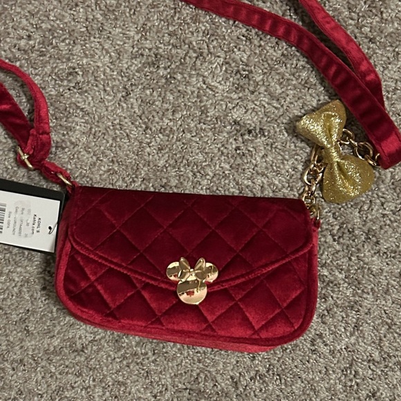 Disney Handbags - Disney Red Quilted velvet Crossbody Bag with Gold Bow Bag Charm